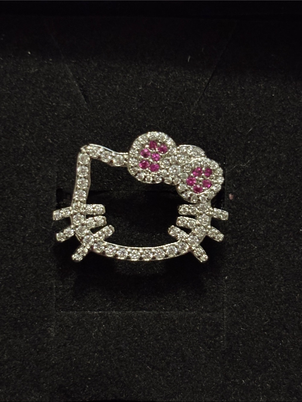 Hello Kitty Silver-Tone Adjustable Diamond Ring with Pink Accents